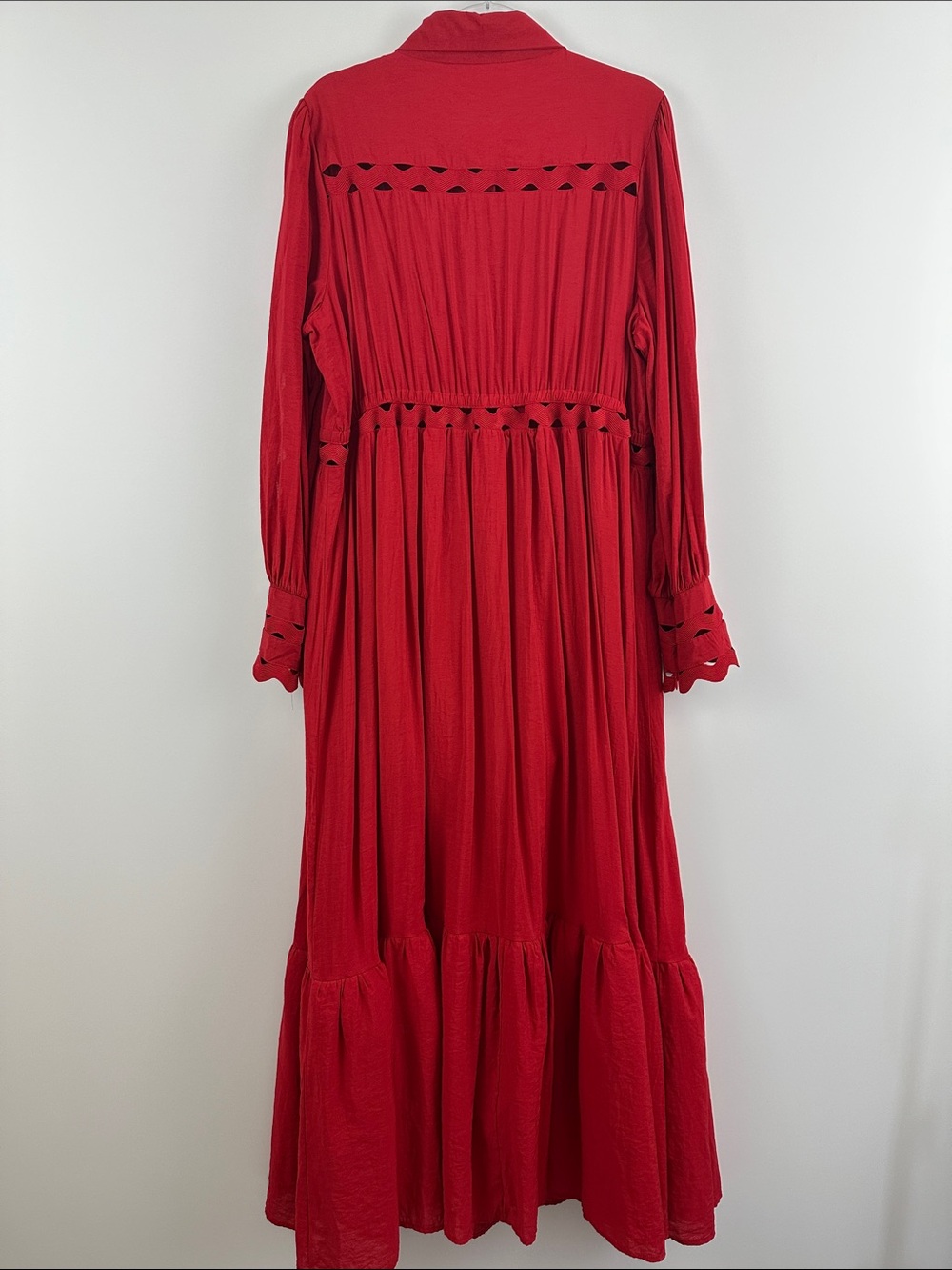 L’ATISTE Red Lace Cutout Maxi Dress 2X Long Sleeve Boho Tiered Button Front - Picture 8 of 9